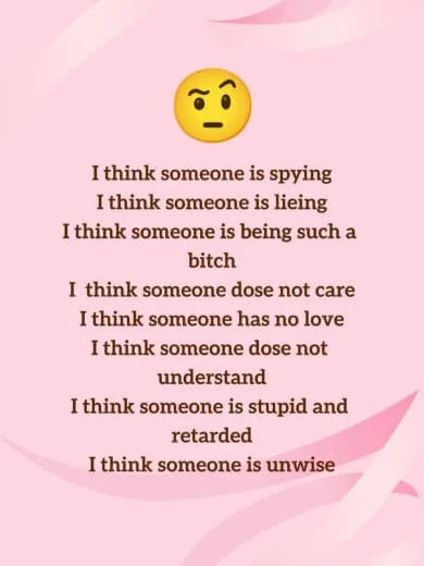 Pink background with a thinking face emoji and a list of negative thoughts about others.