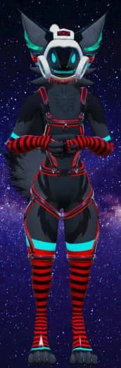 Anthropomorphic black dog character in a space suit with glowing blue accents and striped red and black clothing, standing in space with stars in the background.