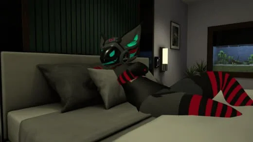 A humanoid feline character with large ears, glowing green eyes, and black and red striped clothing, lying on a bed in a modern bedroom.