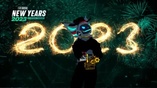 Digital illustration of a cool character at New Year's 2023 celebration, with fireworks and the year 2023 glowing behind.