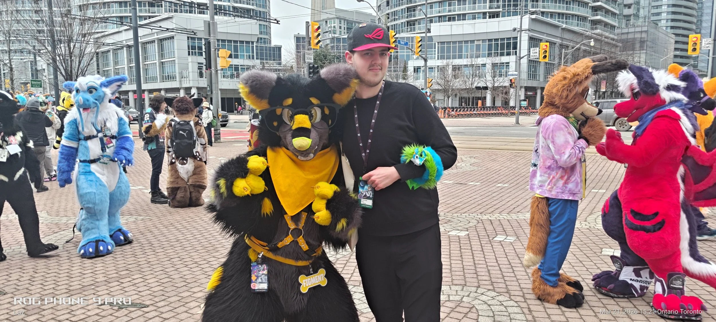 People dressed in colorful furry costumes at an outdoor event in an urban area with buildings and traffic signals in the background.