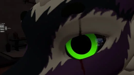 Close-up of an animated animal character's eye, possibly a wolf or dog, with green eye color and black fur with white markings.