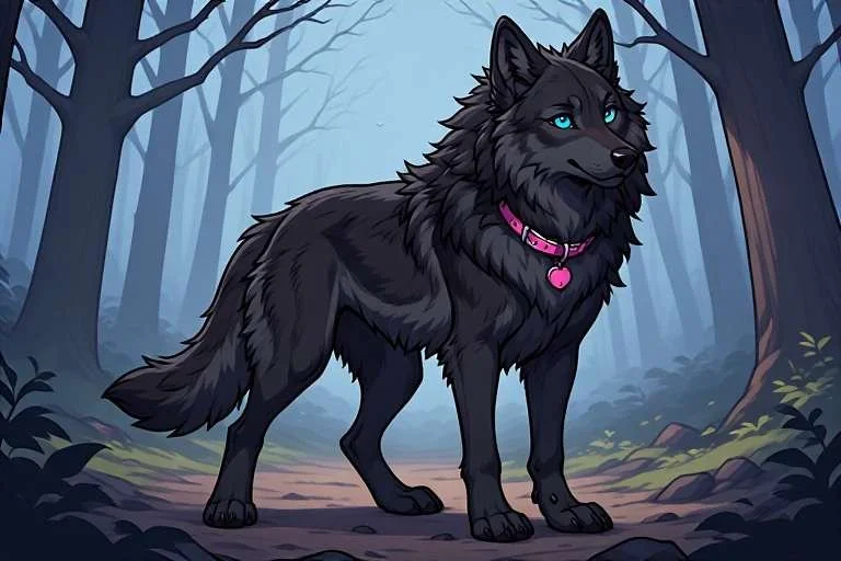 An illustrated black wolf with blue eyes standing in a foggy forest with leafless trees, wearing a pink collar with a heart-shaped tag.