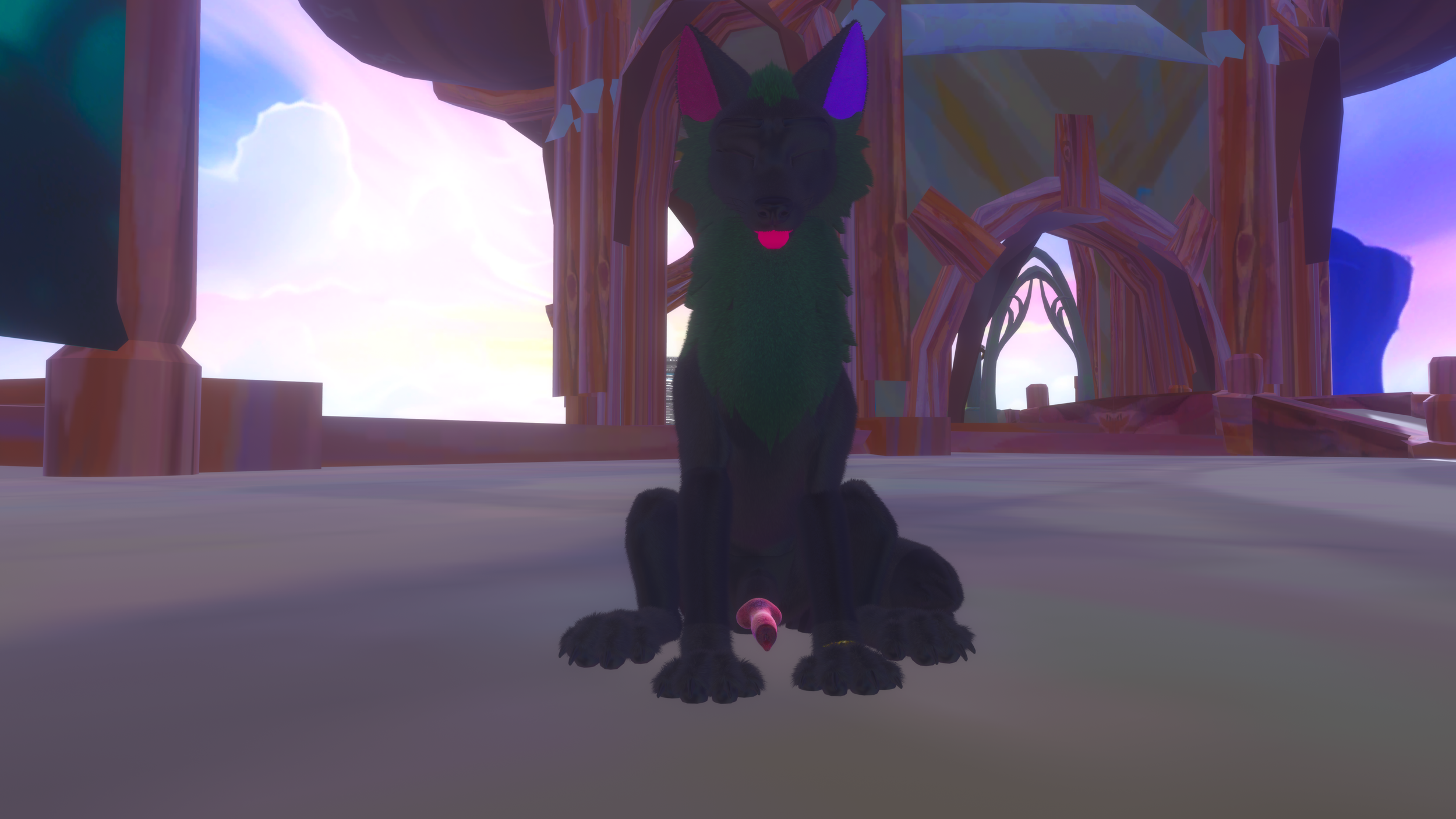 A digital cartoon-style black cat with green fur on its head, large purple and pink ears, and a pink tongue, sitting on the floor in front of a colorful, fantasy-style wooden structure.