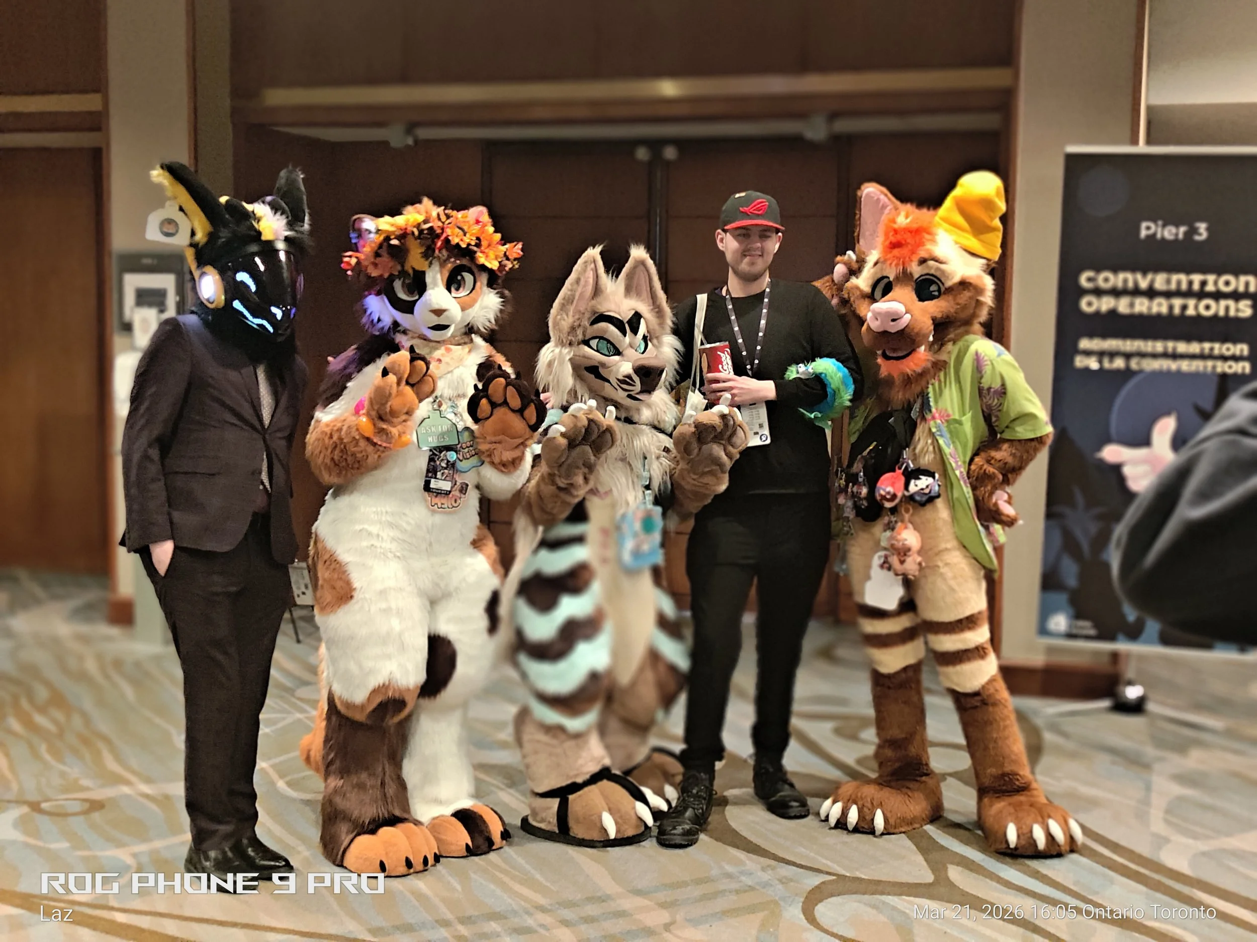 Person in a black jacket and cap standing next to four individuals dressed in colorful animal costumes resembling a black dragon or wolf, a tiger, a lynx, and a lion, at a convention.