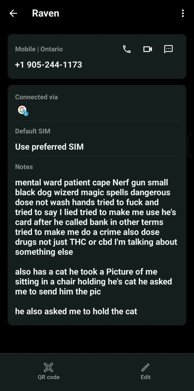 Text message on a phone screen with contact details, notes about mental health, drugs, a cat, and personal anecdotes.