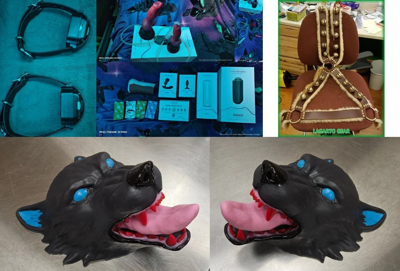 A collage of six images. Top left shows two headsets on a grey surface. Top middle shows various gadgets, including a pair of pink USB gadgets, and several boxed electronic items. Top right shows a brown padded chair with gold and leather studded str
