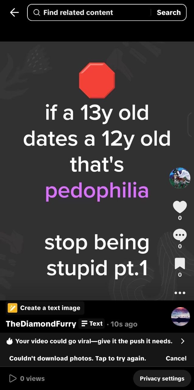 Text stating: 'if a 13y old dates a 12y old that's pedophilia stop being stupid pt.1' with a red stop sign icon at the top.