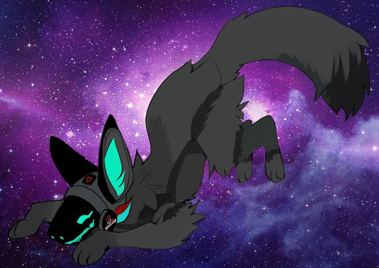 A digital illustration of a black wolf-like creature with glowing teal ears, face markings, and a collar, lying down in space with a purple galaxy background.
