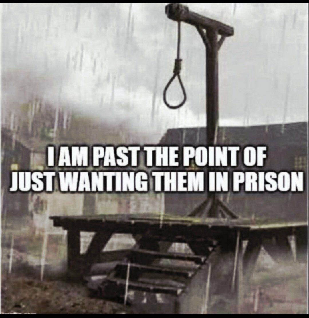 A mutilated house with a gallows on its roof and a noose hanging down, with a disturbing meme text overlay that reads, "I am past the point of just wanting them in prison."
