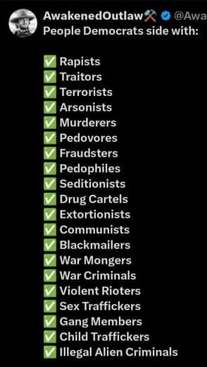 A tweet from the account 'AwakenedOutlaw' listing various groups that Democrats side with, including rapists, traitors, terrorists, arsonists, murderers, pedophiles, fraudsters, seditionists, drug cartels, extortionists, communists, blackmailers, war