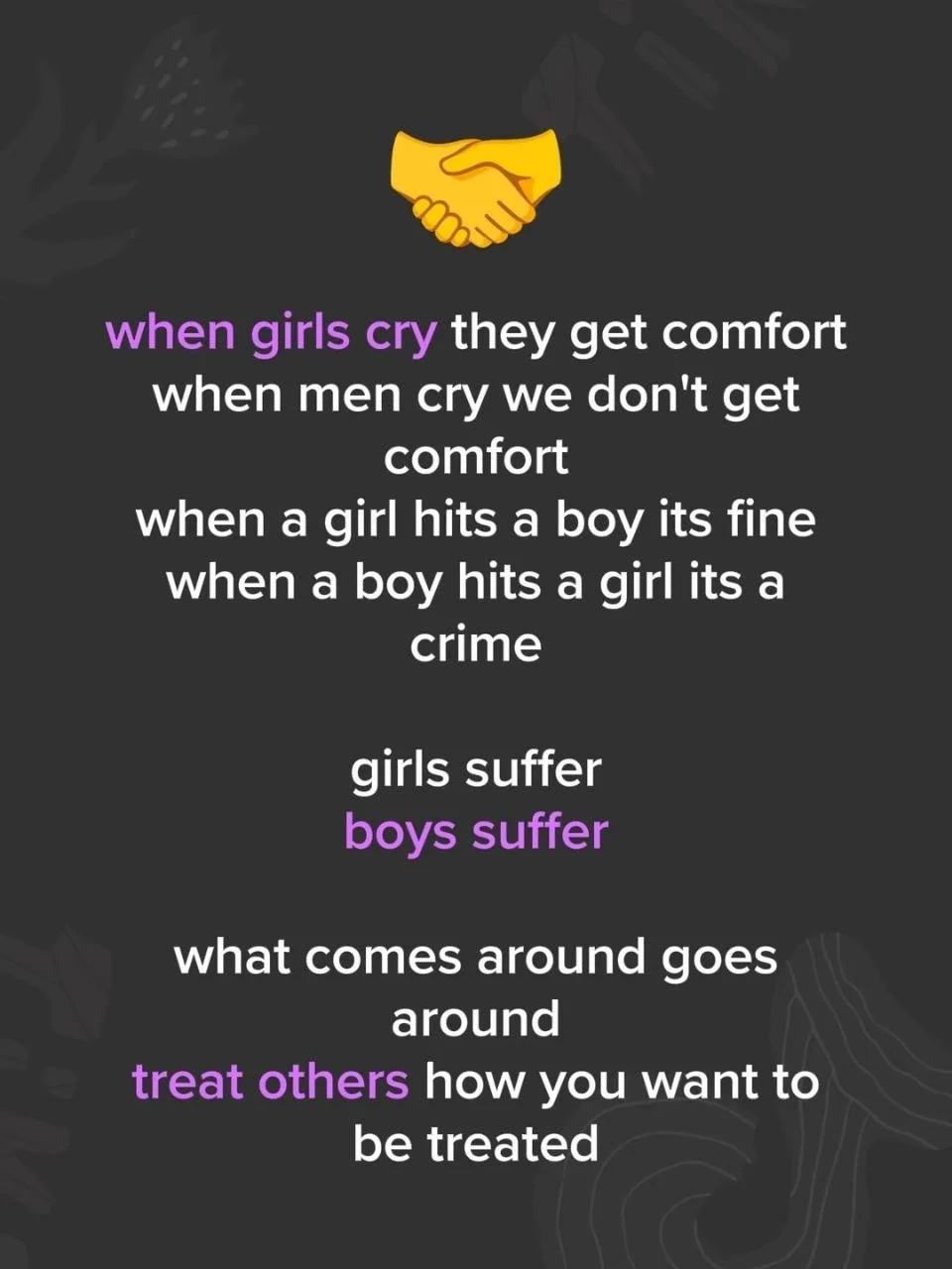 A graphic with a yellow handshake icon at the top and a quote about empathy and how people treat each other, emphasizing that girls suffer when boys suffer and vice versa.