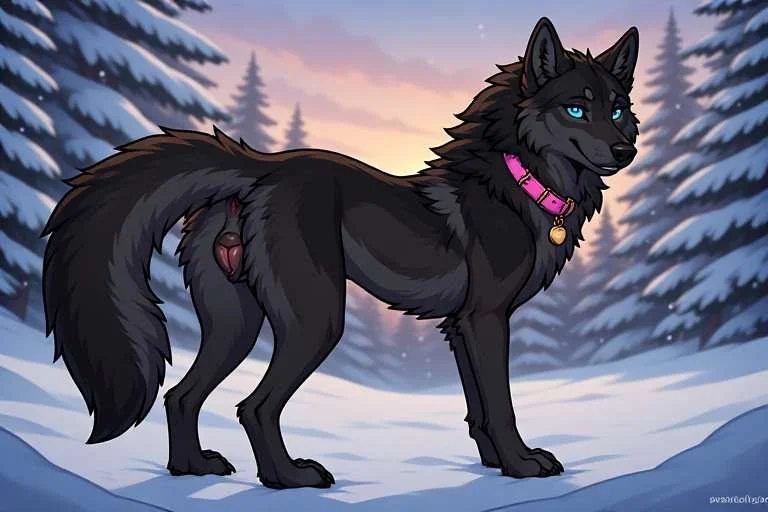 A digitally illustrated black dog with blue eyes and a pink collar standing in a snowy forest during sunset.