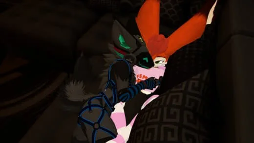 Anthropomorphic fox character with orange fur and green eyes, lying on a dark couch with black and patterned cushions.
