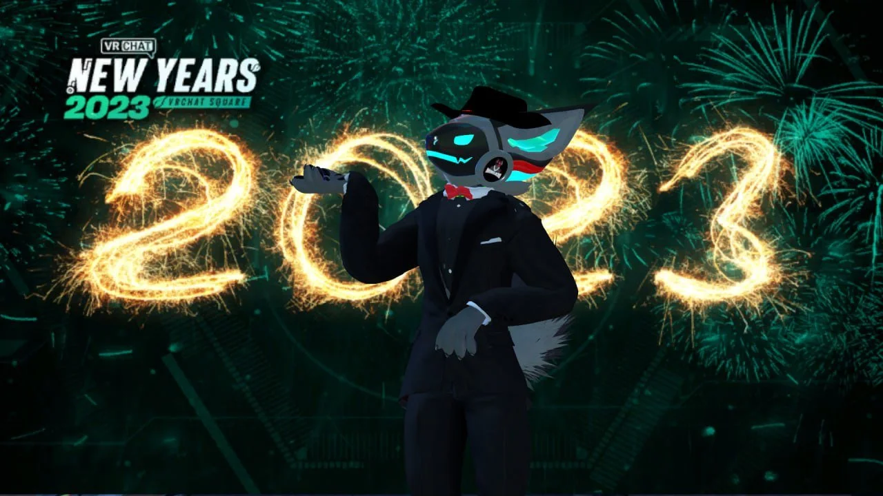 Anthropomorphic wolf cartoon character dressed in a black tuxedo with a red bow tie, black hat, and glowing blue eyes, standing in front of a New Year's celebration with fireworks and the years 2022 and 2023 displayed.