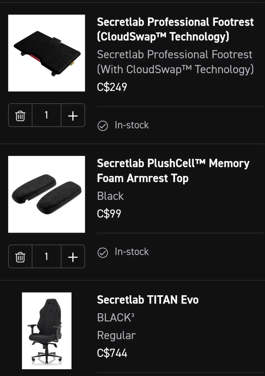 Screenshot of three office supplies: a Secretlab Professional Footrest with CloudSwap Technology priced at C$249, a pair of Secretlab PlushCell Memory Foam Armrest Tops in black priced at C$99, and a Secretlab TITAN Evo office chair in black priced a