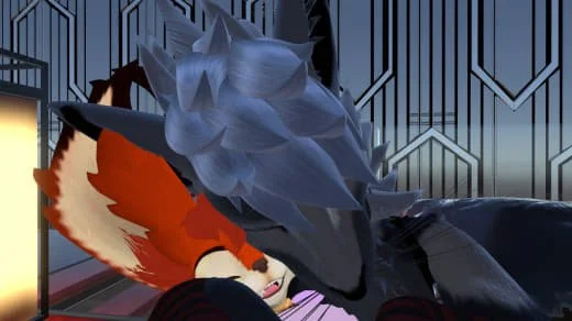Digital illustration of an anthropomorphic fox sleeping on a futuristic spaceship or space station.