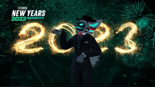 Animated character wearing a suit, glasses, and a hat, standing in front of a New Year's 2023 celebration with fireworks and glowing "2023" numbers.