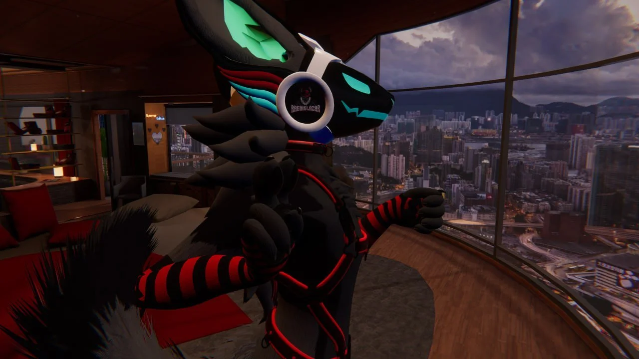 A digital character resembling Sonic the Hedgehog wearing a headset with a logo, stands in a high-rise apartment with large windows showing a city skyline at dusk, with mountains in the background.