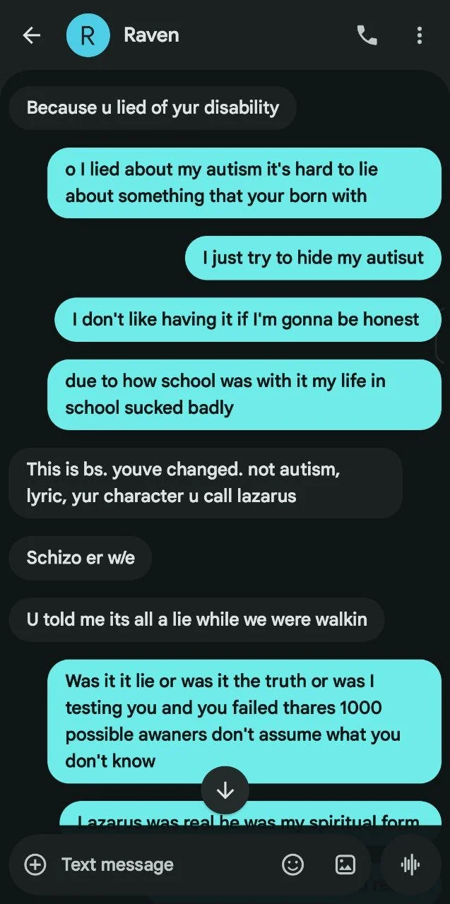 A screenshot of a text message conversation between two people discussing autism, lies, and personal truths.