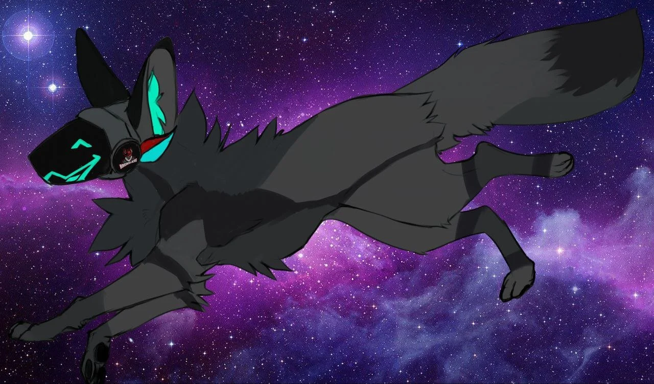 A black wolf with glowing blue eyes and neon markings on its face and ears, wearing a visor and headphones, floating in space with a starry purple nebula background.