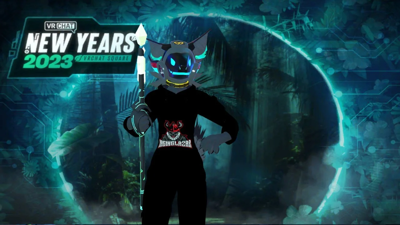 A virtual avatar in a digital jungle background, holding a glowing staff, with the text 'VR Chat New Years 2023 VRChat Square' in the top left corner.