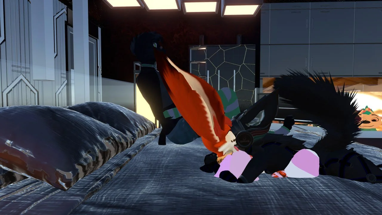 A 3D animated character with orange hair and fox ears, in a black outfit, lying on a bed with black and white bedding, in a modern bedroom with floating ceiling lights and a TV showing an animated face.