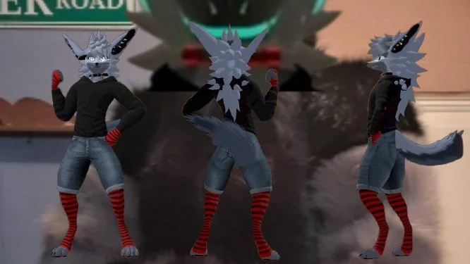 Three anthropomorphic wolf characters with gray fur and black horns, wearing black hoodies, denim shorts, and red and black striped socks, posing in front of a blurred background.