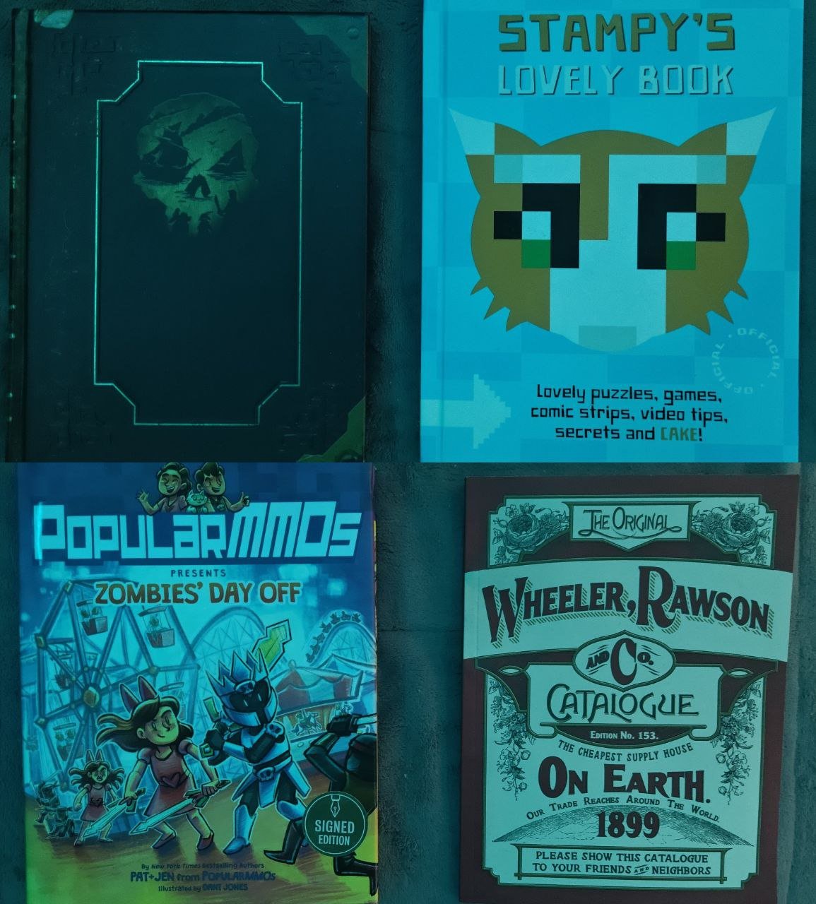 Four posters on a wall: Top right poster titled 'Stampy's Lovely Book' featuring a pixelated animal face and a description of puzzles, games, comic strips, videos, secrets, and cake; Top left poster appears to be a solid dark design with a glowing ou