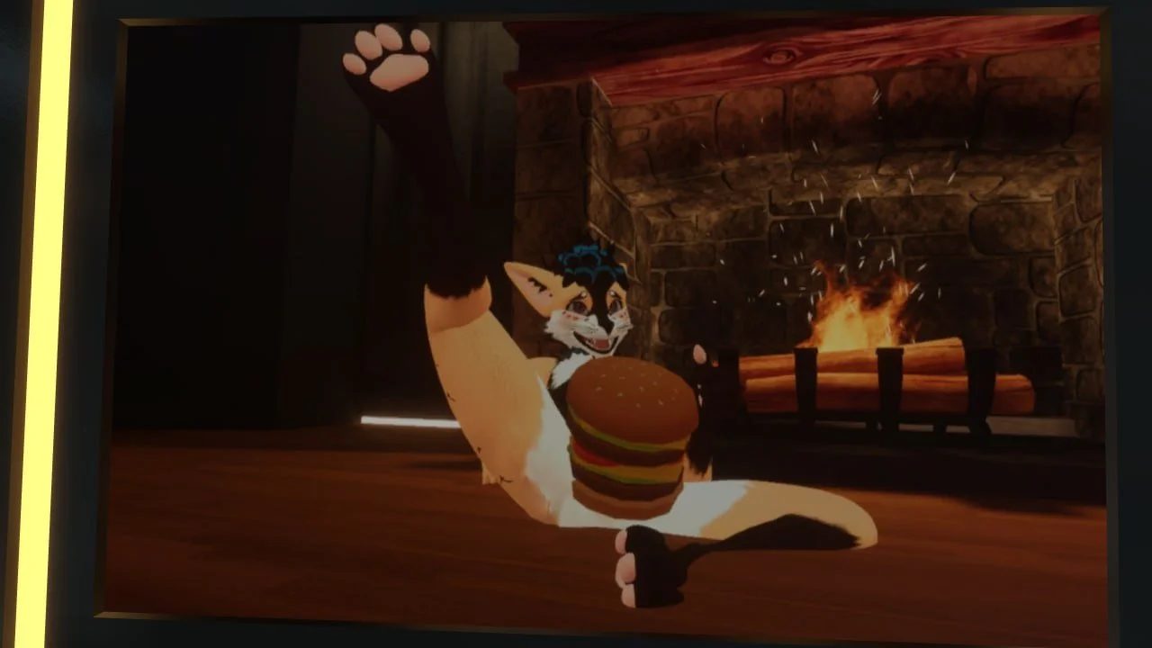 Anthropomorphic fox character with black hair and wings lying on the floor holding a burger with a fireplace in the background.