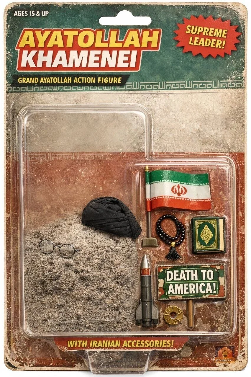 Collectible action figure set with Iranian accessories, including a small Iranian flag, a rocket, a black turban, a sign reading 'Death to America!', a pair of glasses, a beaded bracelet, a green box, a small green item, and a circular brass piece.