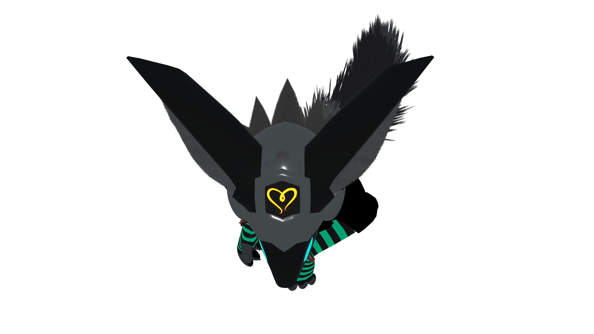 A digital 3D character with a black, futuristic outfit and large, pointed, black hair, standing against a black background.