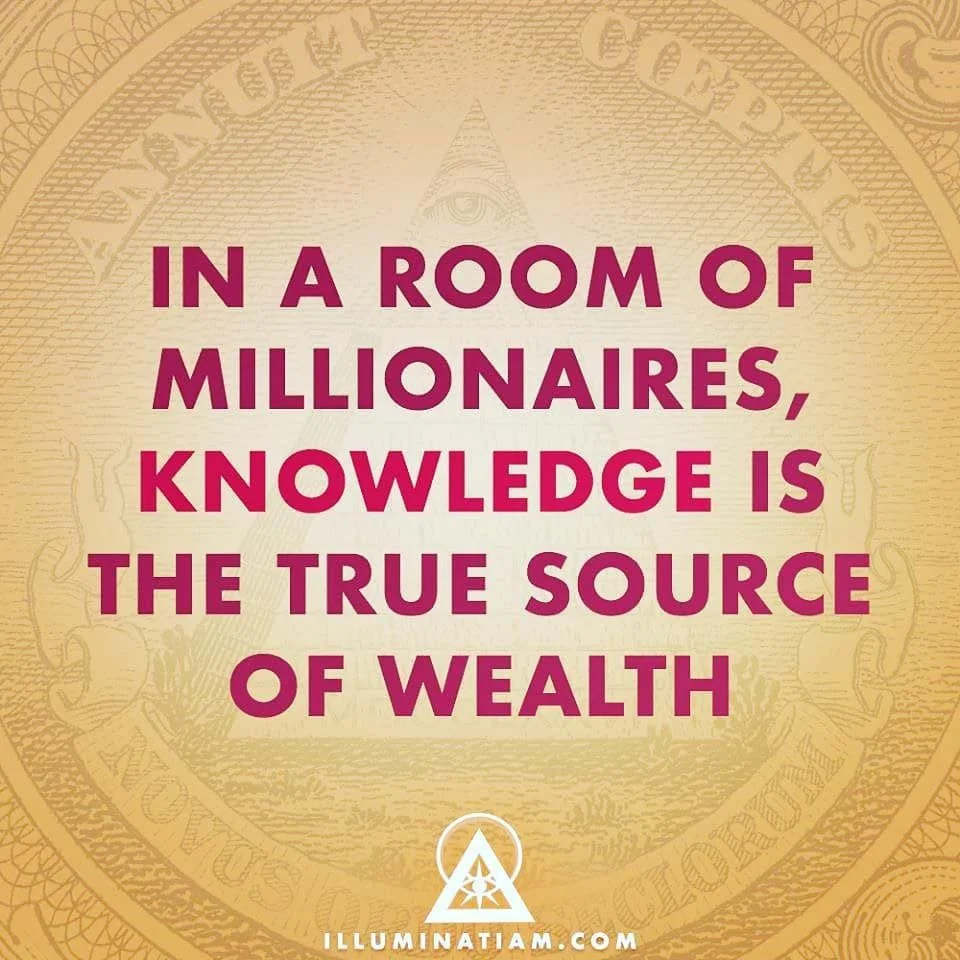 Quote: 'In a room of millionaires, knowledge is the true source of wealth' on a gold background with a dollar bill design.