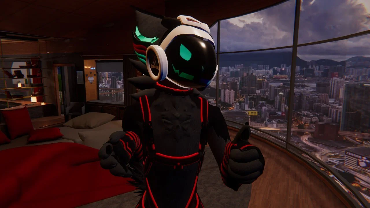 A digital avatar with a black and neon red outfit and a robotic face giving a thumbs-up in a high-rise apartment with large windows overlooking a city skyline at dusk.