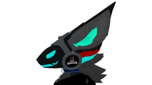 A digital illustration of a stylized black and teal dragon character with large ears and sharp features.
