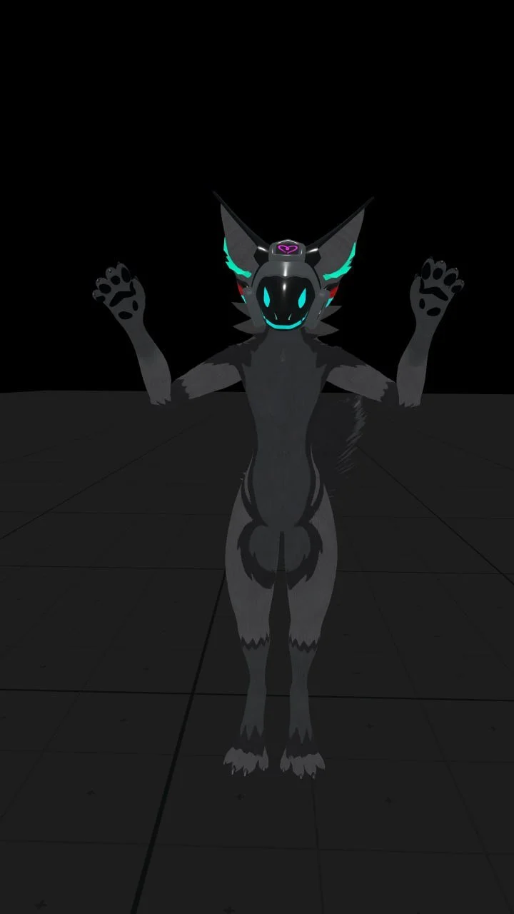 A digital art depiction of an anthropomorphic wolf character with black fur, glowing cyan eyes and accents, and neon details. The wolf is standing upright with arms raised in a welcoming gesture against a dark background.