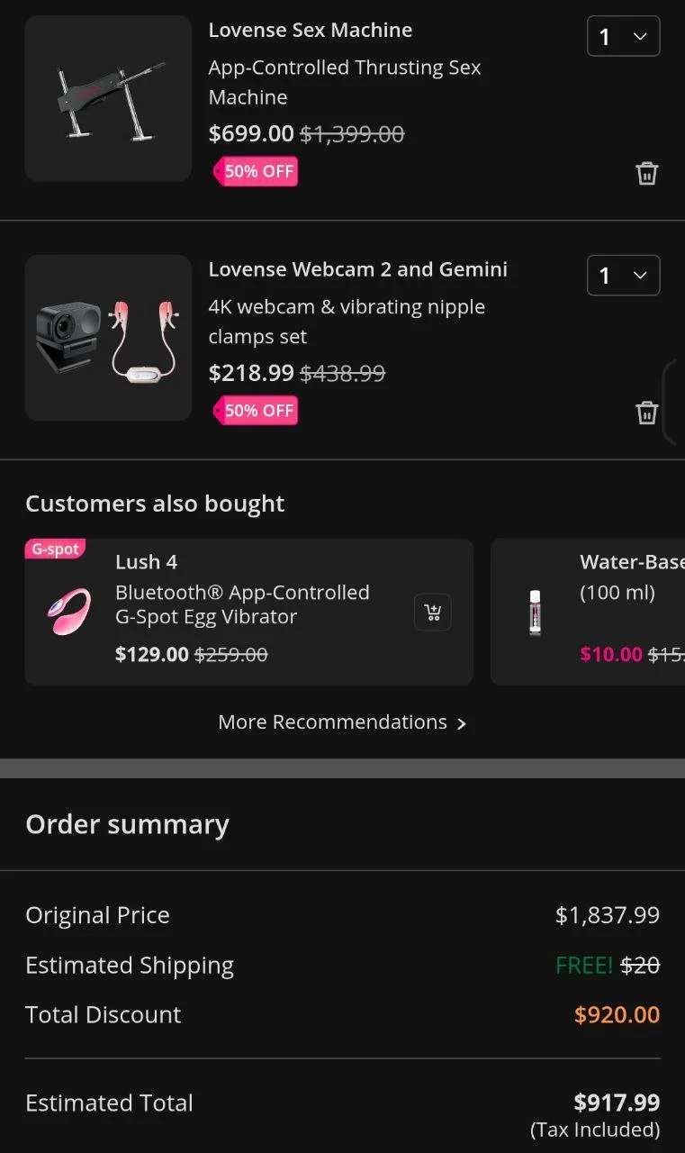 Screenshot of an online shopping cart with various adult products including a Lovense sex machine and webcam set, along with recommended items and a summary of the order.