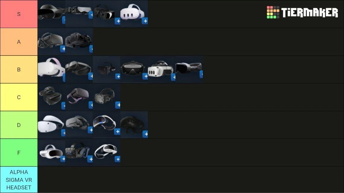 A tier list ranking various virtual reality headsets from S to F grade, with additional categories for alpha, sigma VR headset, and the least preferred options.