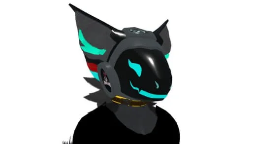 A digital illustration of a black anthropomorphic creature with wolf-like features, wearing a high-tech helmet with glowing blue accents and a collar.