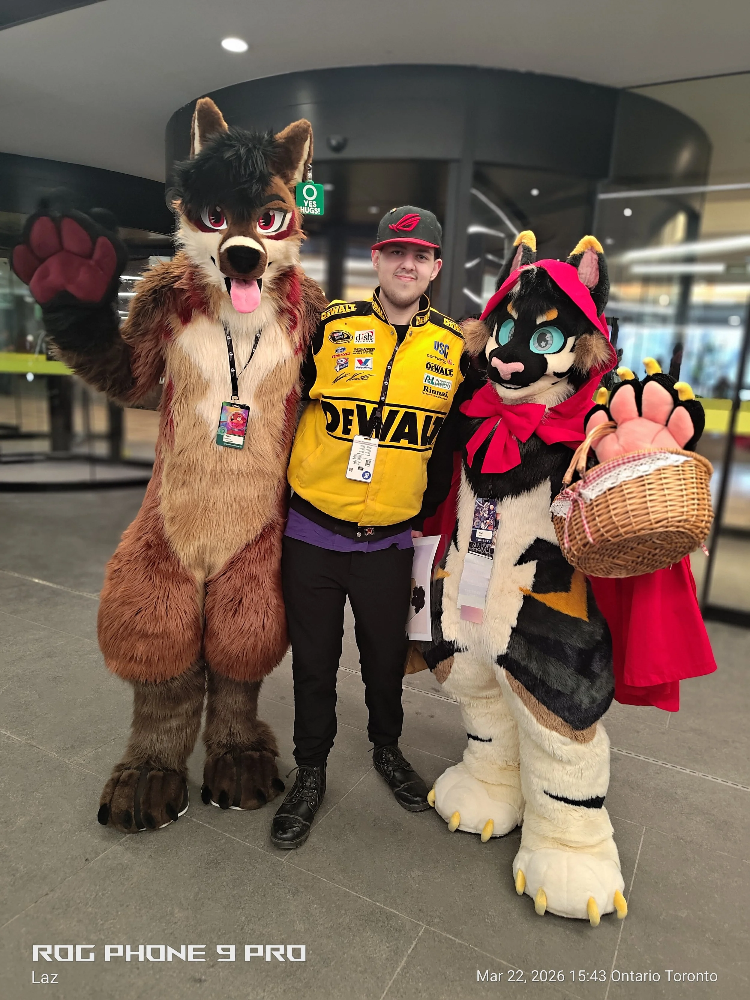 A man standing between two people in animal costumes at an indoor event. The animal costumes resemble a wolf and a feline with large eyes and colorful details. The wolf costume is waving, and the feline is holding a basket.