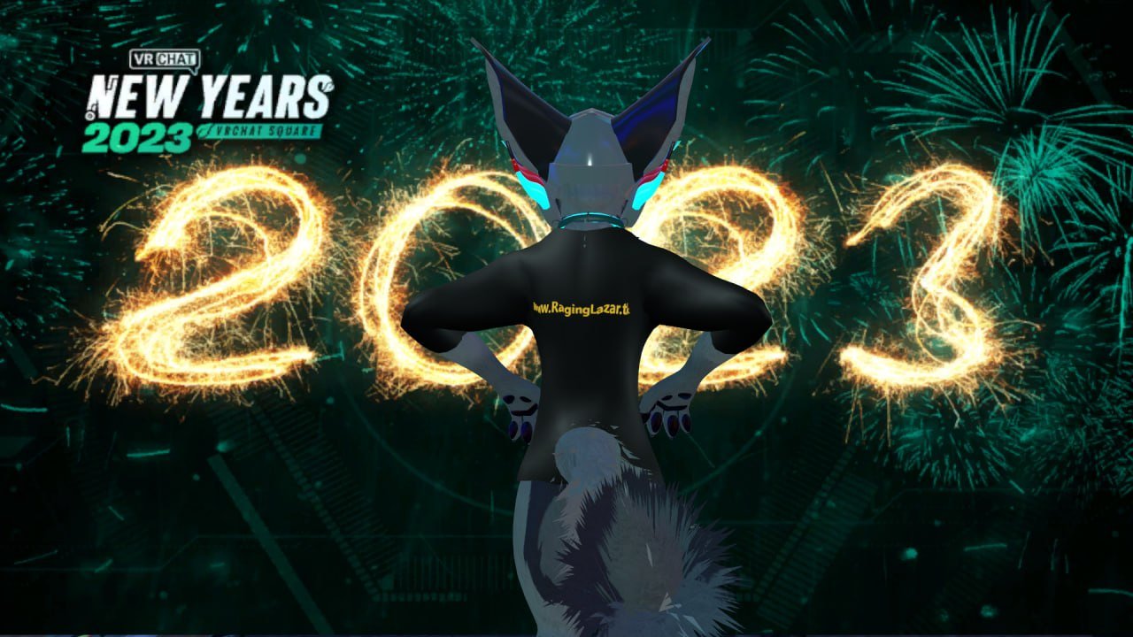 Furry character with large ears and a bushy tail looking at fireworks and the numbers 2023, celebrating New Year's 2023.