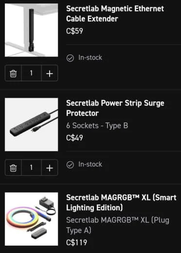 Screenshot of three electronic accessories: a magnetic Ethernet cable extender, a power strip surge protector with six outlets, and a smart lighting edition LED strip with remote.