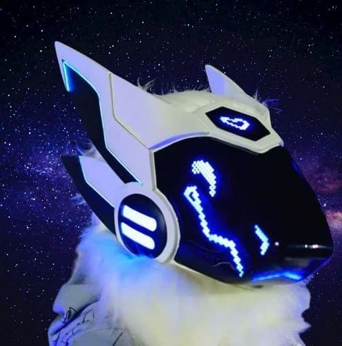 A futuristic robotic helmet with a horse-like face, illuminated by blue LED lights, set against a starry outer space background.