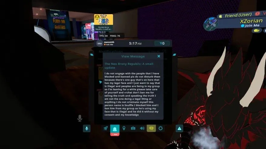 Screenshot of a virtual chat message in an online game, with a dark game environment, user notifications, and a large character with red and black armor on the right side of the image.