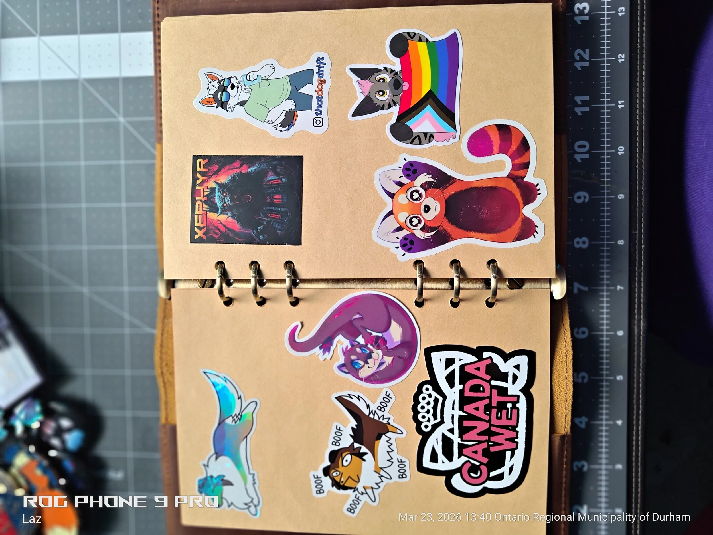 Collection of colorful stickers on a beige paper surface, including a wolf wearing glasses, a rainbow flag with a wolf, a wolf with multicolored fur, a wolf with a rainbow scarf, a wolf with a flame, and a sticker with the text "Game Over", with a me
