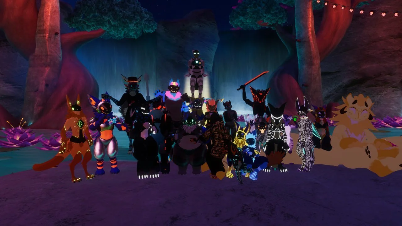 Digital illustration of a group of stylized animal characters with glowing features, standing together in a colorful, fantastical forest scene with trees and waterfalls.