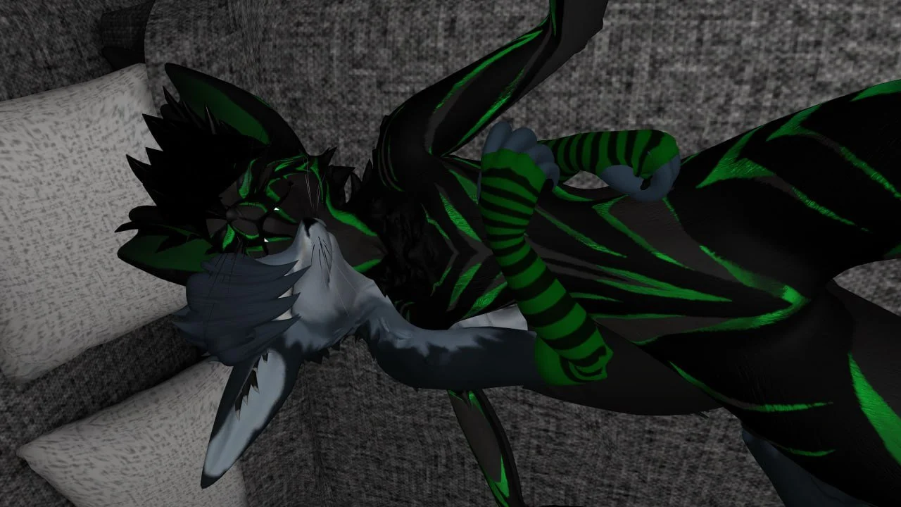 A digital illustration of a humanoid creature with black and green striped skin, feline features, and wings, lying on a bed with gray textured bedding and white pillows.