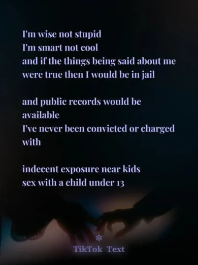 A dark background with pink and purple text quoting someone about their innocence and not having committed crimes, with a small TikTok watermark at the bottom.