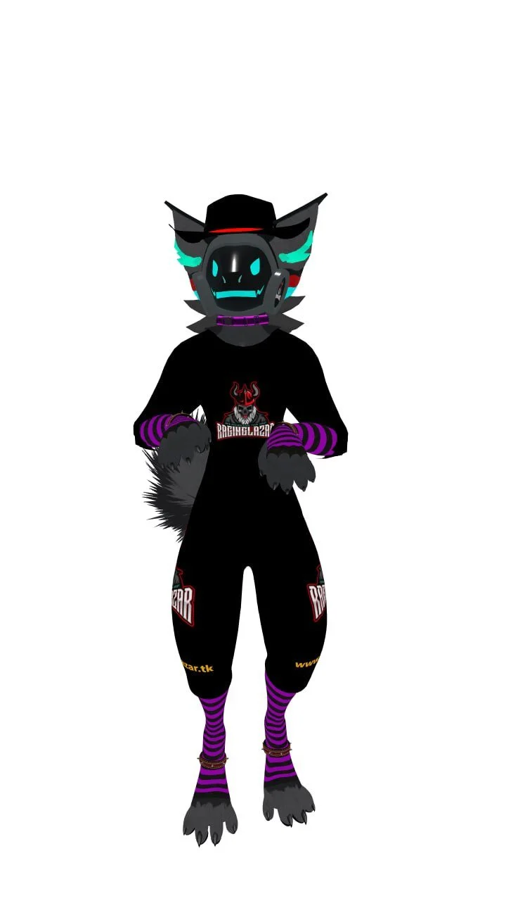 Anthropomorphic wolf character wearing a black hoodie with a logo, purple and black striped socks, a black hat, and a robotic mask with glowing blue eyes and accents.