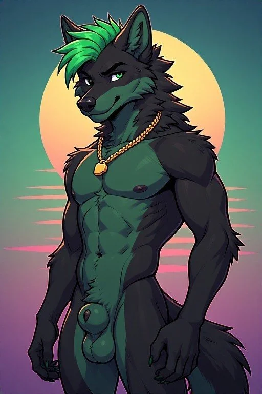 Anthropomorphic male wolf with green hair, wearing a gold chain, standing in front of a sunset with pink and purple hues.
